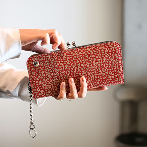 【ジャムホームメイド（JAMHOMEMADE）】印傳 - 印伝屋 がま口 長財布 RED×WHITE レオパード柄